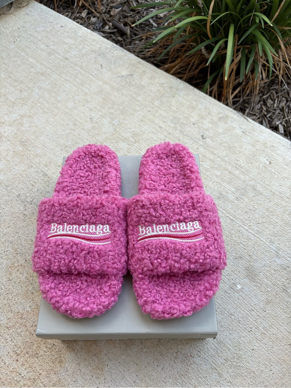 Balenciaga Pink Teddy Shearling Slides for Kids - Plush Logo Sliders